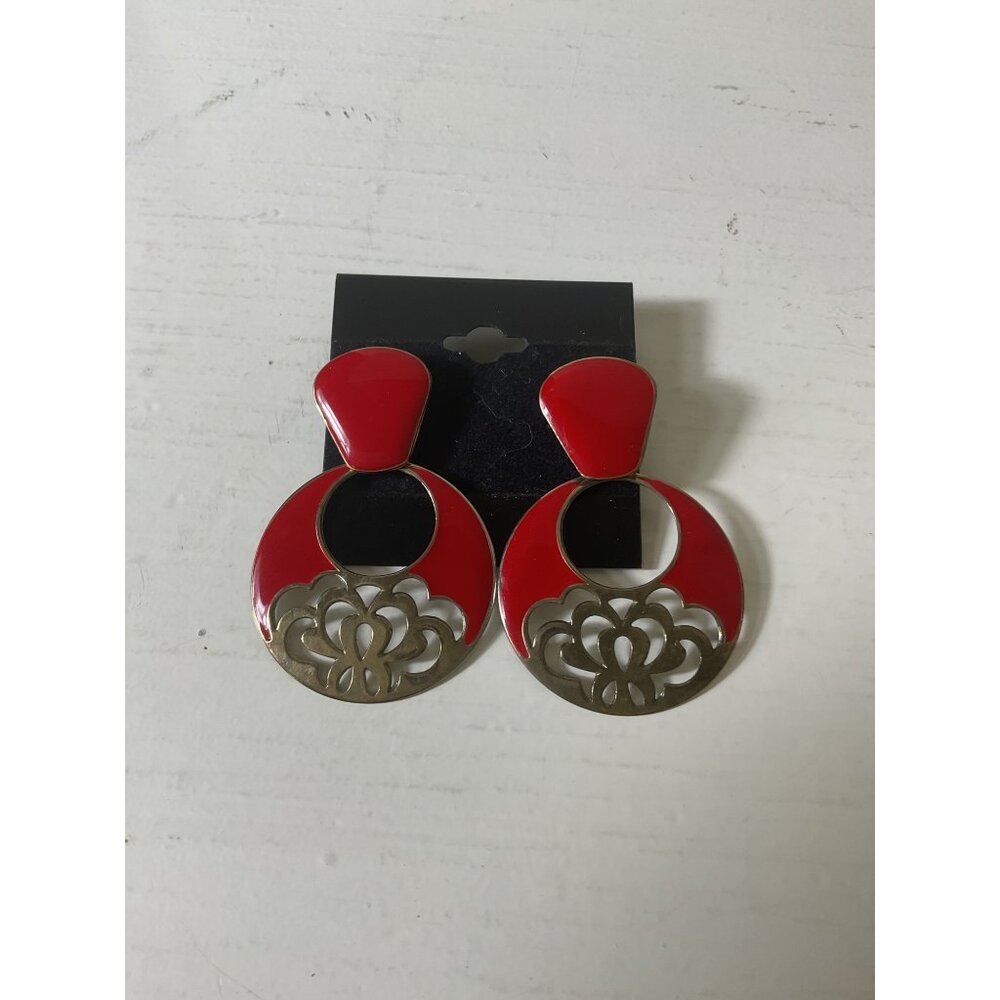 Vintage Red & Brass Floral Dangle Post Back Earrings